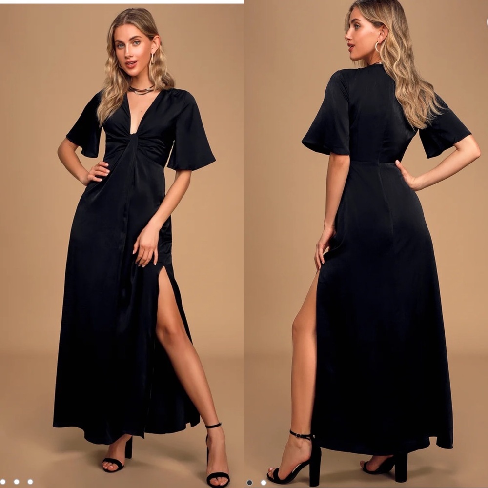 Lulus Women Small Black Satin Maxi Twist Front Slit Dress V Neck Short Sleeve M